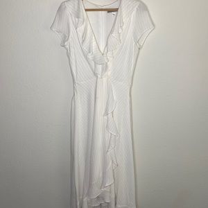 Long White Dress with Gold Pinstripes and Ruffles